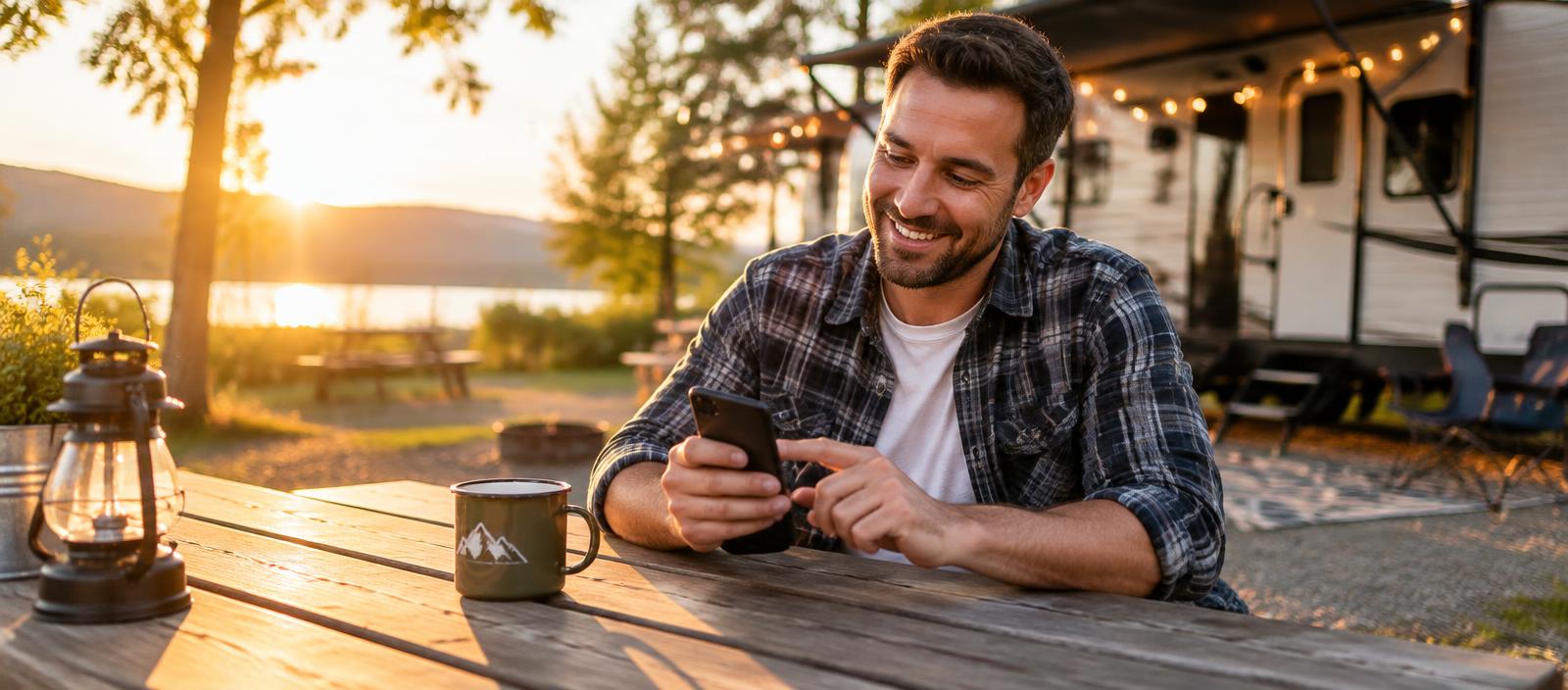 Customer checking his RV trade-in offer on his phone